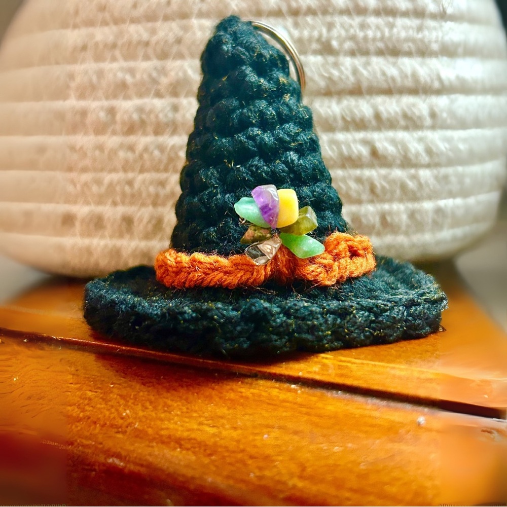 Crocheted Black and Orange Witch Hat Keychain